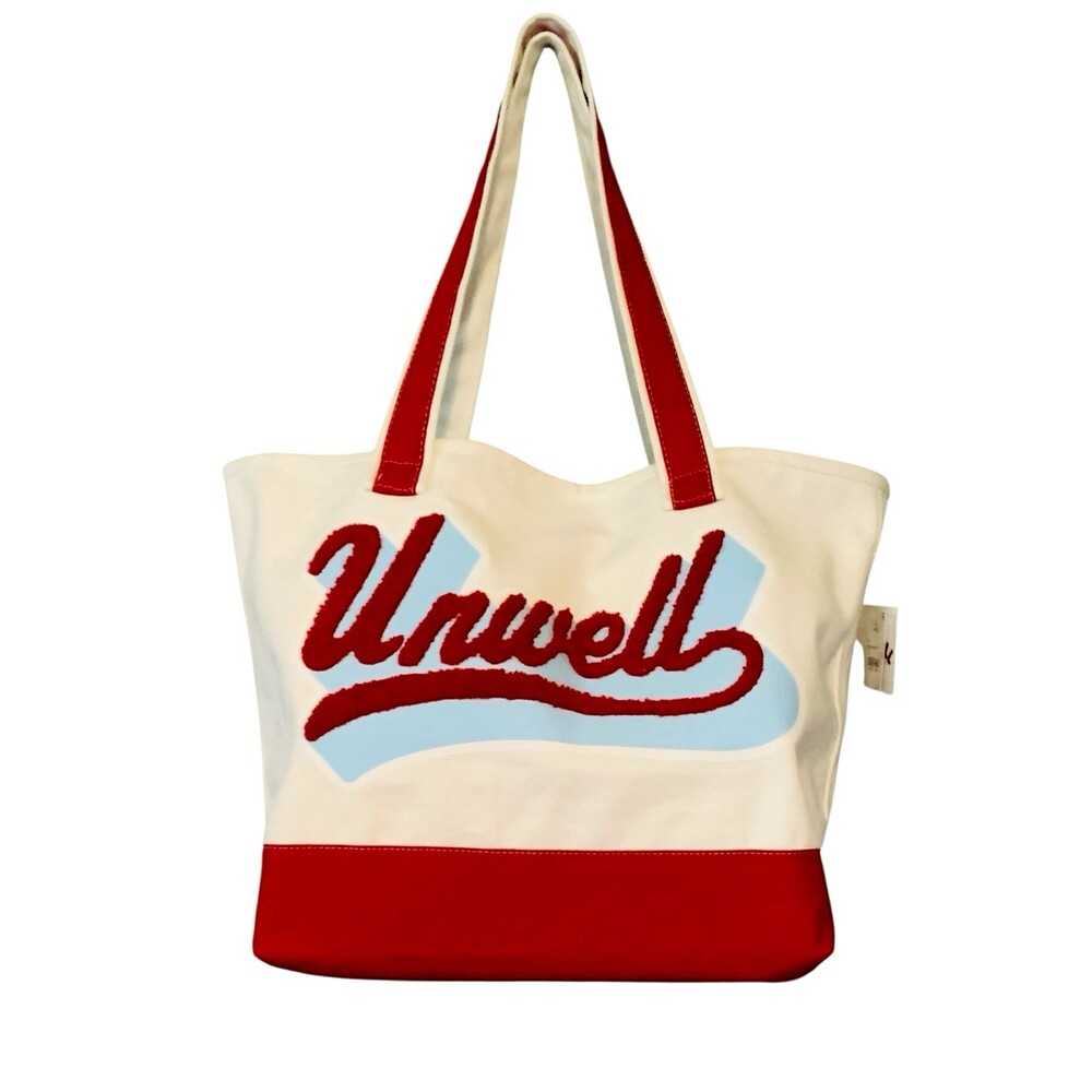 UNWELL Tote/Beach Bag White Red Colorblock Applique Stitching Inner Pocket NWT